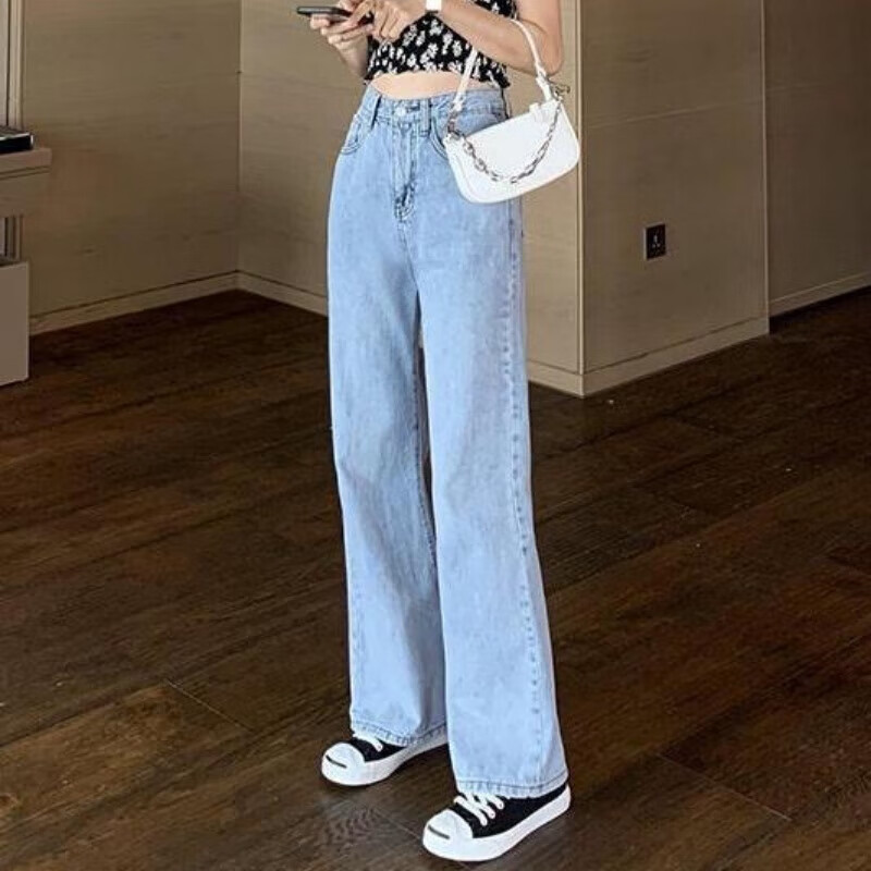 霏斯诗町高腰直筒窄版牛仔裤女2025春秋季宽松浅蓝显瘦休闲长裤阔腿裤子女 浅蓝色 S