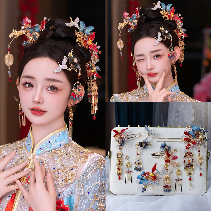 胖东来同款DL 1998秀禾服头饰新中式秀禾2025新款结婚龙凤褂大 新娘结婚头饰+耳夹