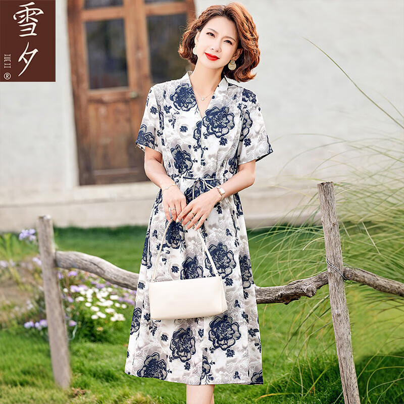 雪夕（XUEXI）2025妈妈夏装时尚短袖印花收腰连衣裙中老年女装洋气显瘦长裙