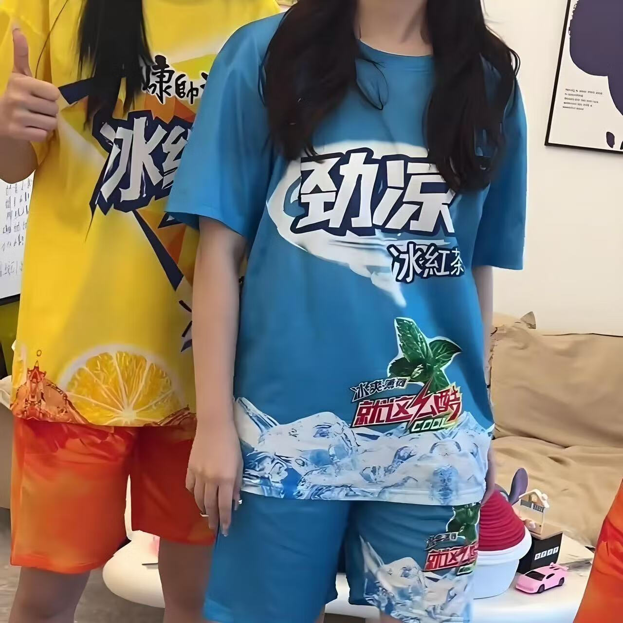 舒百蕊搞笑宽松劲凉表情包套装情侣夏季新款卡通印花T恤睡衣家居服套装 劲凉-套装 S 【推荐60-70斤】