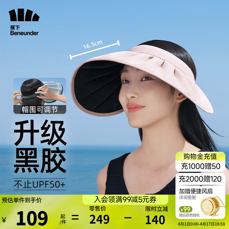 蕉下（beneunder）遮阳帽BM532女贝壳帽空顶帽防晒帽夏季防紫外线户外 【黑胶款】芋灰粉