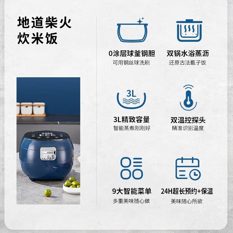 千寿日本无涂层多功能低糖电饭煲米汤分离沥米饭捞米蒸饭锅电饭锅家用1-4个人QS-A03E 宝蓝色 3L -304球釜母胆+沥糖胆 1-4人用
