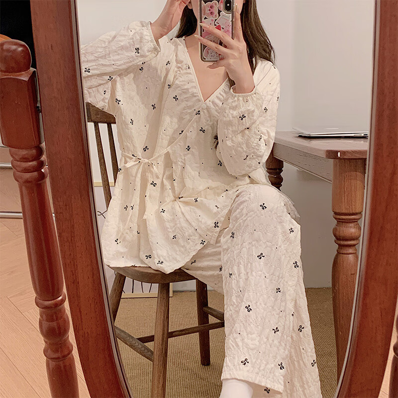 梦鸾月子服春夏季产后大码薄款孕妇产后哺乳期睡衣女和服两件套家居服 J7101 蝴蝶结 2XL