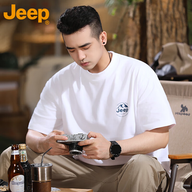 吉普(JEEP)美国正品Jeep高端圆领短袖t恤男款夏季2025新款纯棉半袖款打底衫 白色 【专柜正品】 3XL 170-185斤