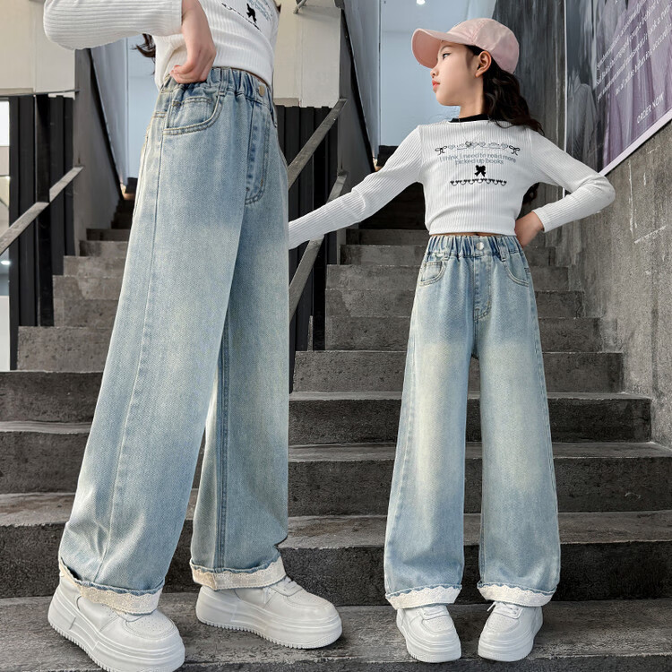 木木屋女童牛仔裤春秋款2025新款春季儿童裤子夏装中大童女孩宽松阔腿裤 817花边阔腿裤-浅蓝色 160 建议13~14岁【150-160cm】c