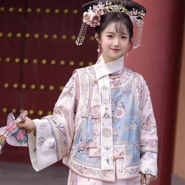 鑫瞻锦汉服女清代印花古装清朝延吉公主旗袍宫廷格格服两件套旅拍服装女 【格格服】粉蓝马甲+旗袍+领巾 S