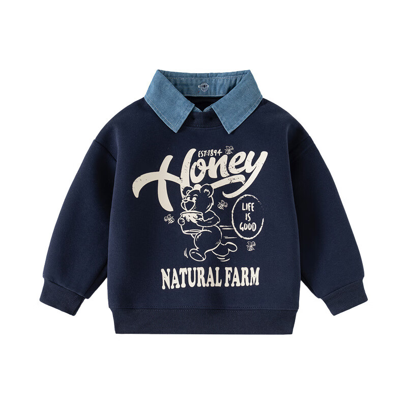 WELLKIDS春季儿童假两件卫衣新款韩版童装男童可拆卸领外套潮宝宝上衣 藏青HONEY熊 110