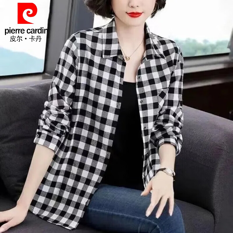 皮尔卡丹(pierre cardin)纯棉大码女装格子衬衫中年妈妈长袖衬衣韩版宽松显瘦打底衫 灰黑色格子 6XL