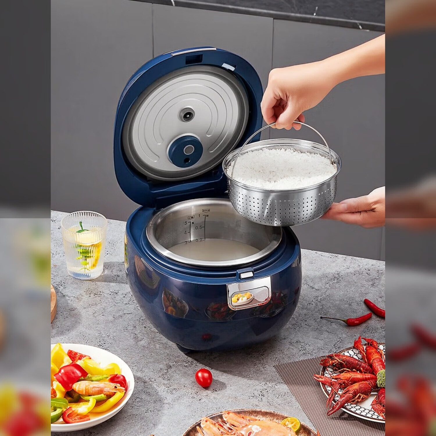 千寿日本无涂层多功能低糖电饭煲米汤分离沥米饭捞米蒸饭锅电饭锅家用1-4个人QS-A03E 宝蓝色 3L -304球釜母胆+沥糖胆 1-4人用