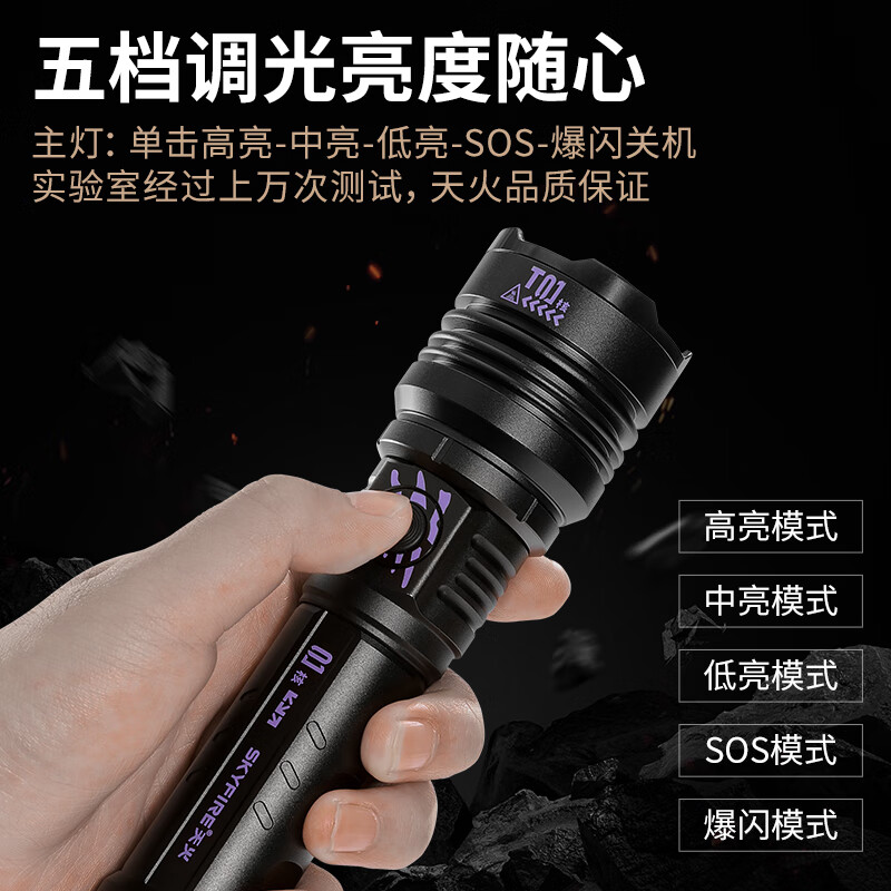 天火手电筒苍龙强光超亮变焦远射超长续航户外200000流明穿天炮三千米 黑龙爪30瓦【5000毫安2节26800】