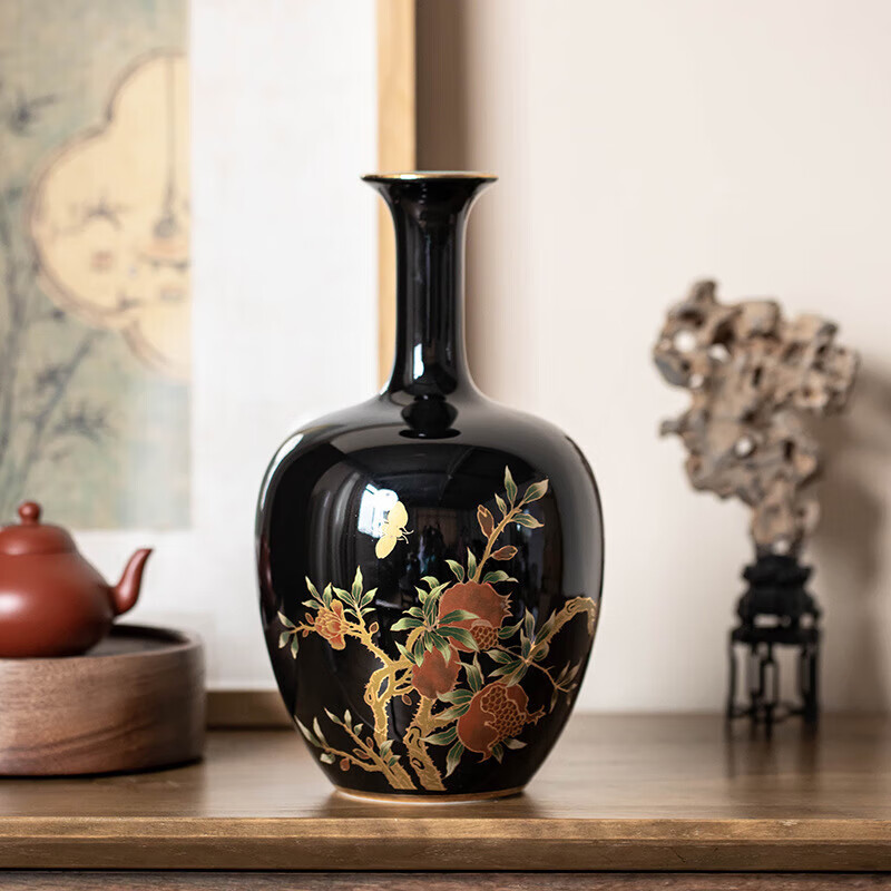 德化陶瓷花瓶客廳插花仿古家居大號玄關(guān)裝飾品擺件瓷理陶里 觀音大花瓶(黑地)-榴金