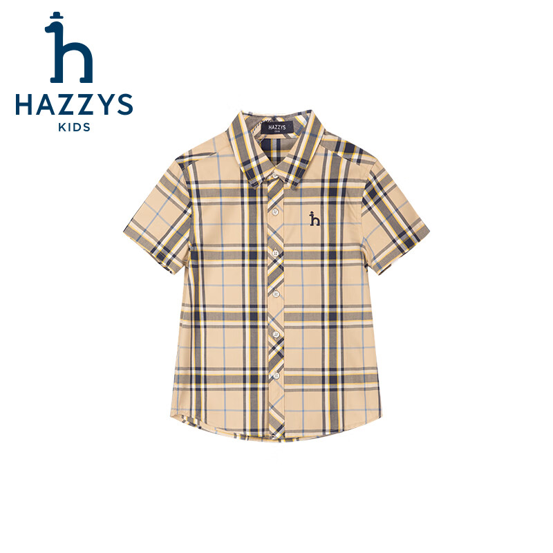 哈吉斯（HAZZYS）品牌童装男童衬衫夏季新款轻薄舒适柔软格子经典简约休闲短袖衬衫 暖卡其 165