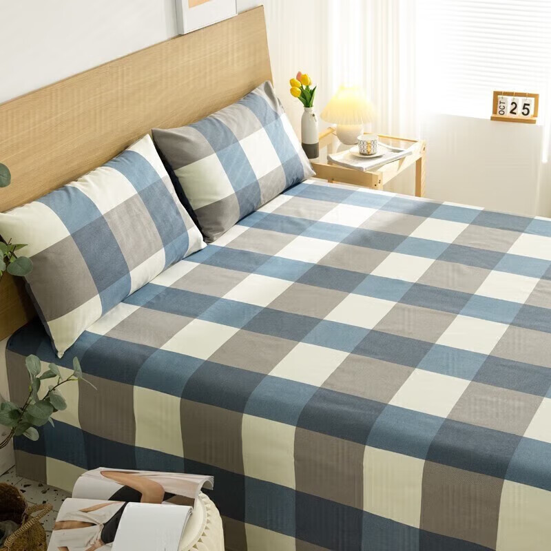 软贝原棉老粗布床单简约格子床单床上用品可水洗老粗布床单 蓝格 230*240cm床单+枕套一对