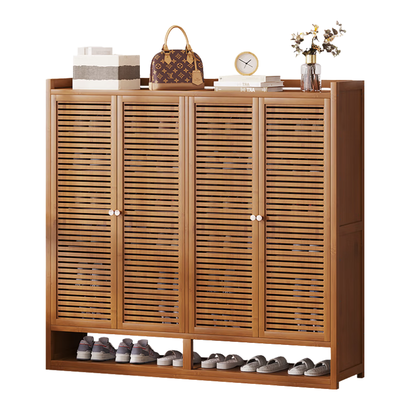 竹中生智鞋架子家用門(mén)口簡(jiǎn)易多層防塵帶門(mén)墻角鞋柜入戶(hù)結實(shí)耐用輕奢高級感 百葉門(mén)-三門(mén)八層茶色
