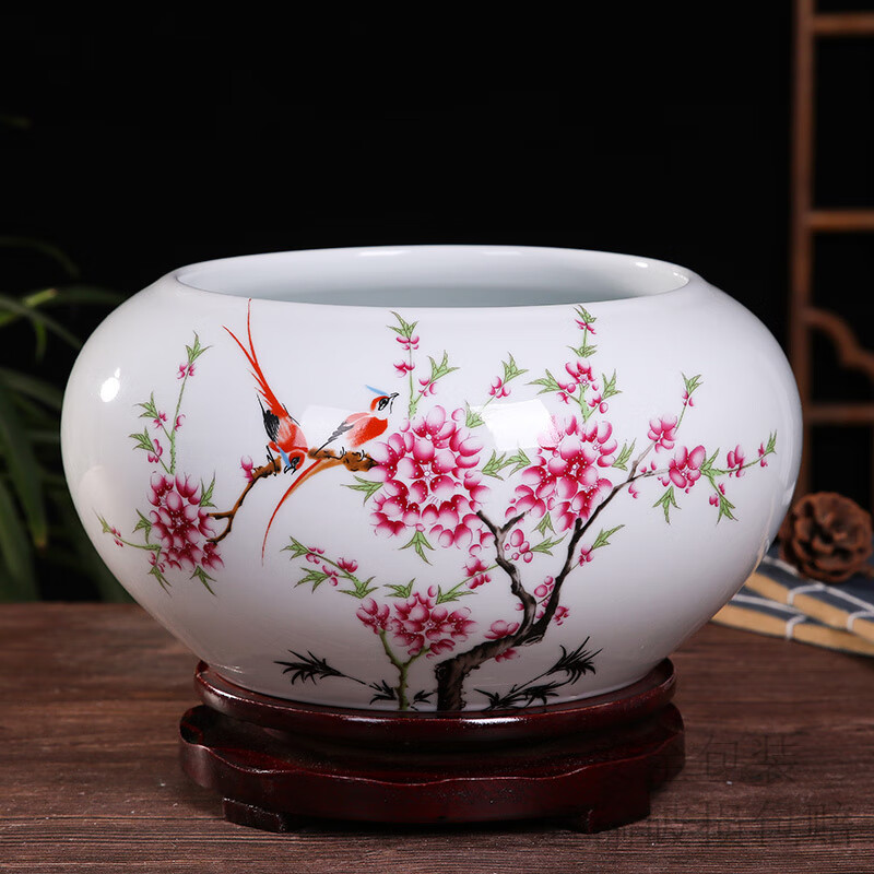 希格鲨景德镇陶瓷鱼缸小号金鱼乌龟缸睡莲碗莲花盆笔洗养鱼盆家用水浅 水点桃花中号 (不带底座)