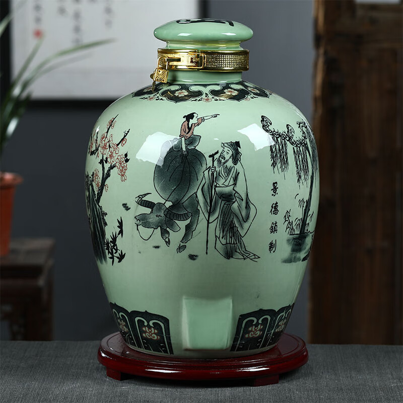 瓷蕓景德鎮(zhèn)陶瓷泡酒瓶酒罐密封罐儲(chǔ)酒罐酒桶白酒瓶空瓶子藥酒缸存酒壇 牧童酒家-青釉 20斤帶龍頭（空瓶
