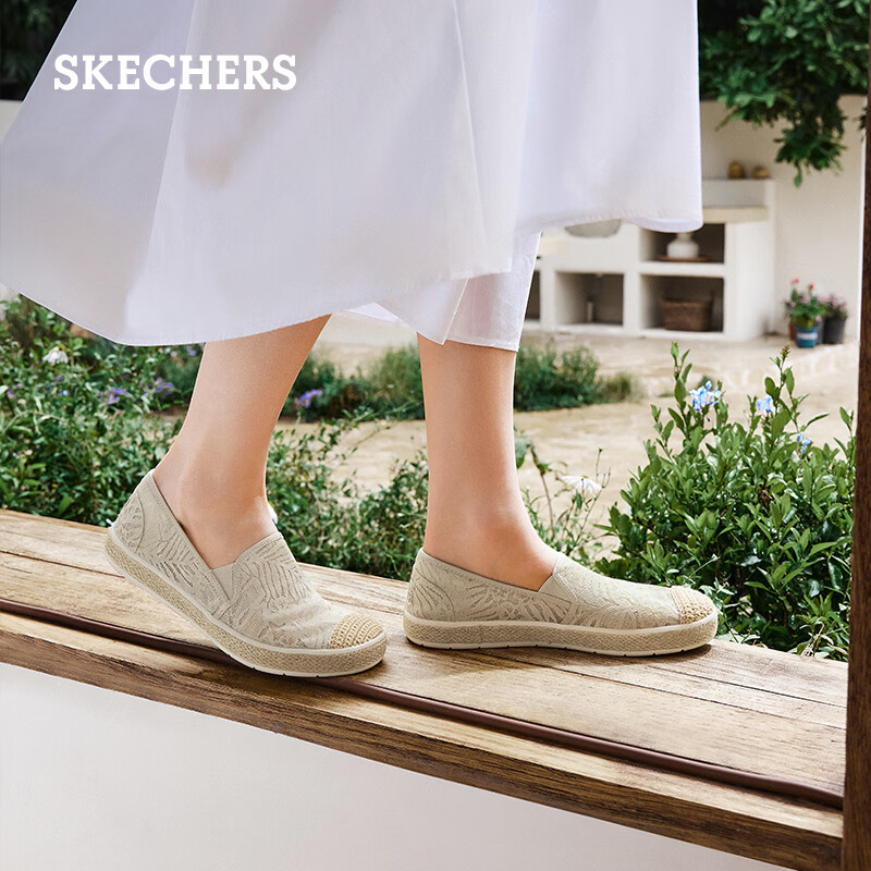斯凯奇（Skechers）女鞋小香风渔夫鞋舒适透气蕾丝浅口平底单鞋114044 自然色/NAT 38