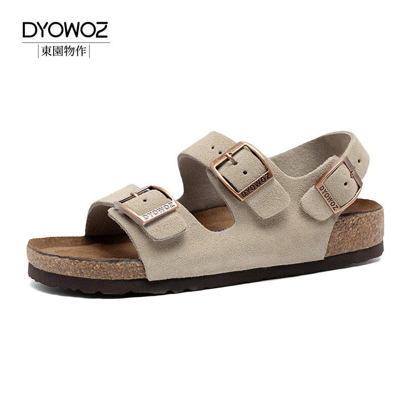 东园物作夏季软木凉鞋情侣真皮休闲百搭透气平底松弛感勃肯凉拖鞋通勤外穿 浅灰色 39 【正码】