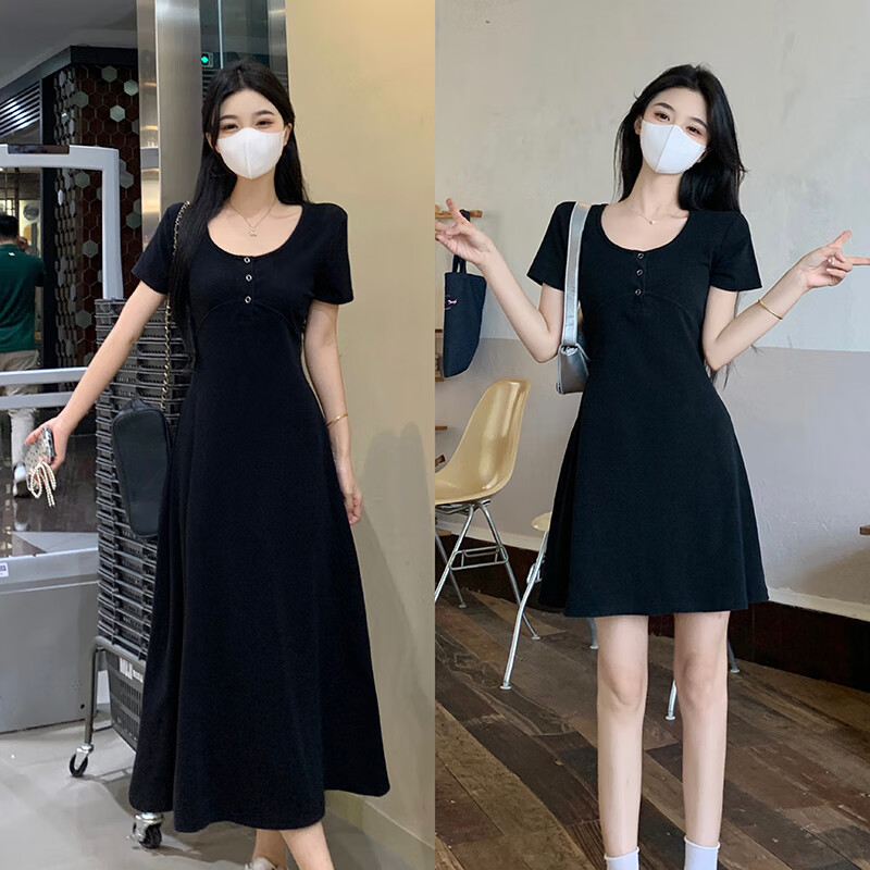 栩欧特大码胸大小个子连衣裙大码女装微胖MM短袖连衣裙夏季收腰显瘦黑 短款 M 码（建议80-100b