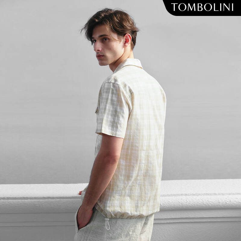 东博利尼春夏新款男士亚麻格子短袖衬衫日系复古衬衣潮 米黄色 40