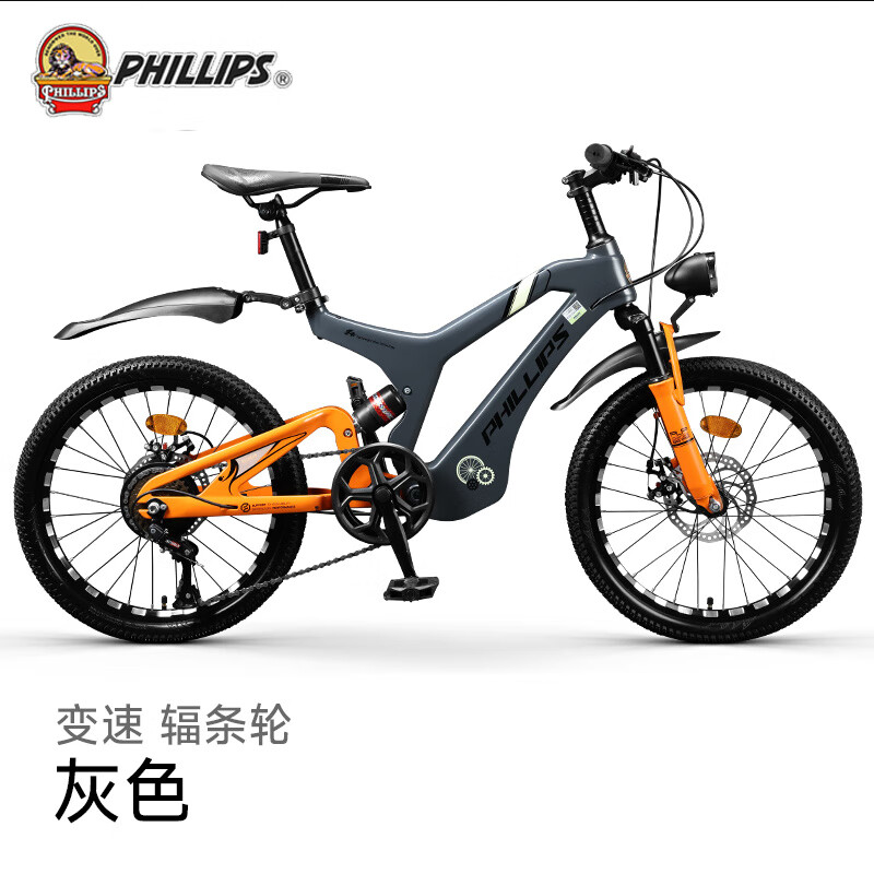 菲利普（PHILLIPS）鎂合金兒童自行車男女小孩學生變速減震一體輪山地車LP-D1 灰橙色【輻條輪】 20寸-單速