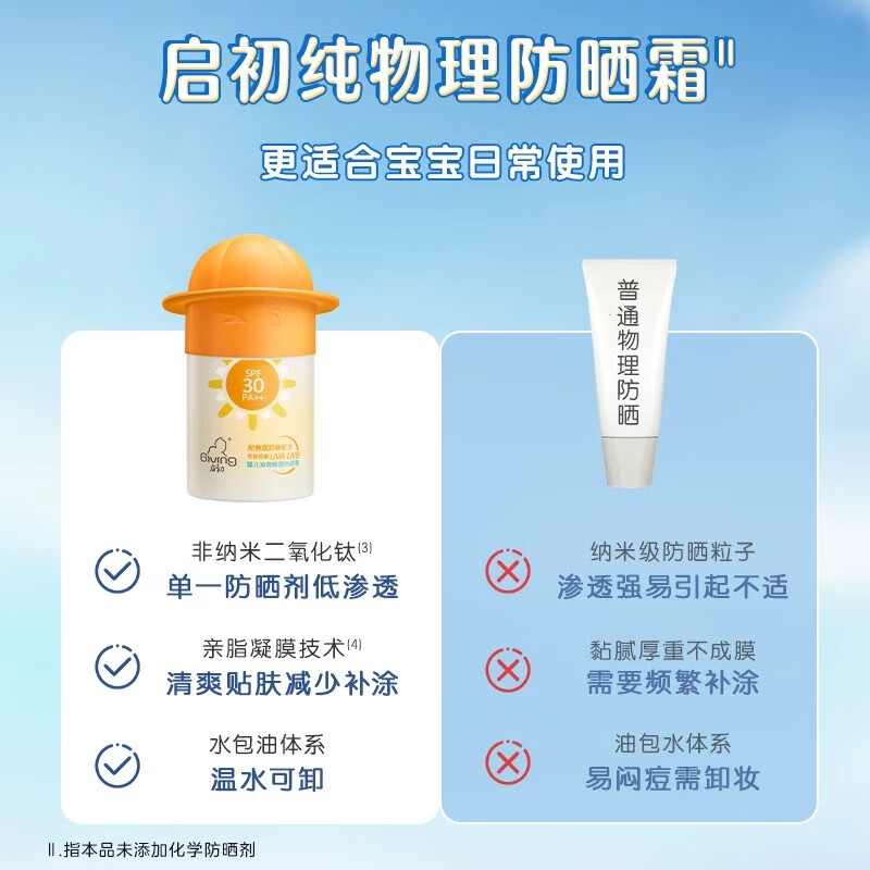 启初胖东来代购 启初沁润物理防晒霜SPF30 PA++儿童防晒霜 45g儿童防晒霜一盒