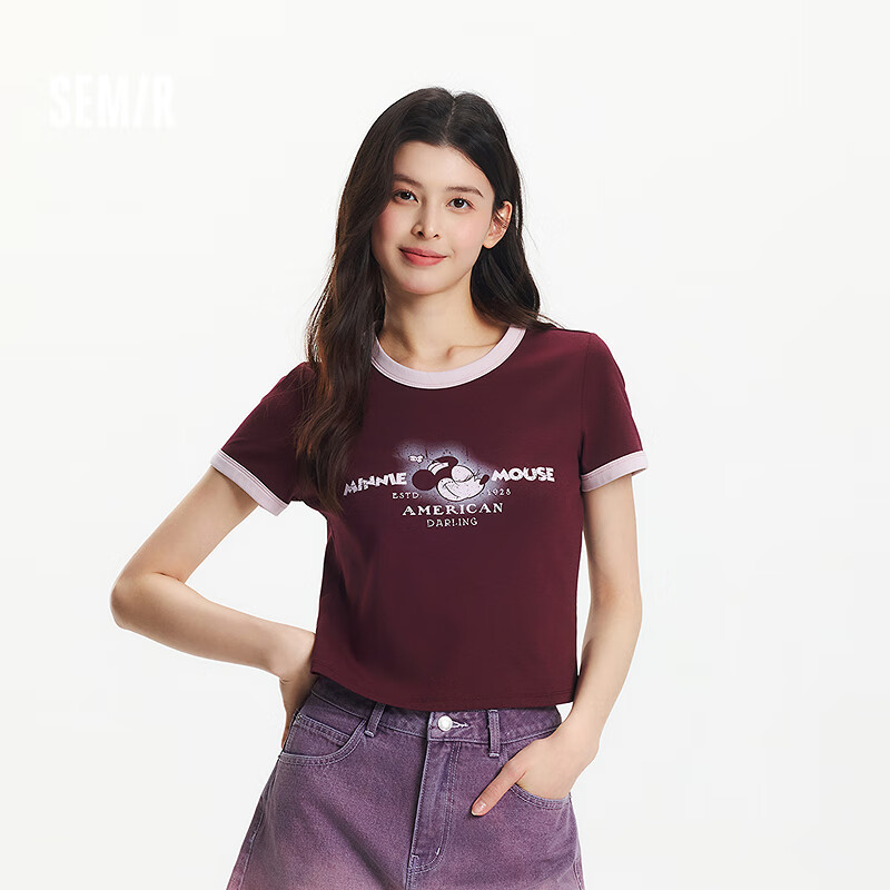 Plus会员：森马（Semir）迪士尼合作系列短袖T恤女短款图案修身2025夏季撞色109325100035