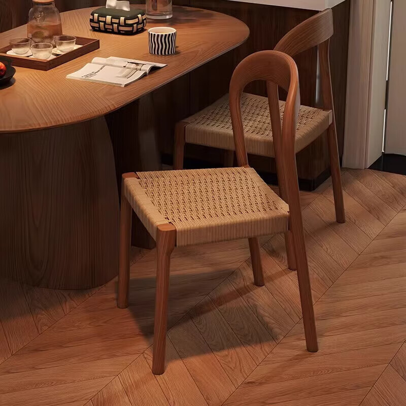 蔓杉中古風(fēng)實木復(fù)古編藤餐椅家用餐廳吃飯靠背椅子設(shè)計師款復(fù)古休閑椅 1把裝(櫻桃木色)實木框架+繩編座面-整裝發(fā)貨 實木腳 無扶手