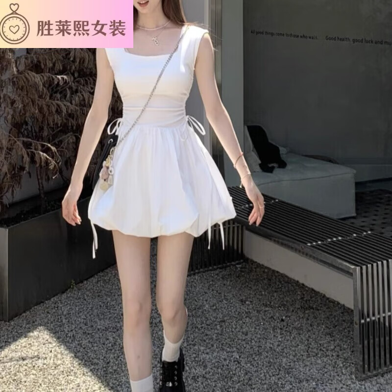 胜莱熙Cactishop 凡间精灵 方领绑带花苞芭蕾裙女夏收腰抽绳短款连衣裙 白色 S