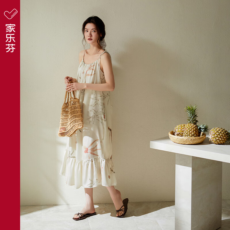 家乐芬(JIALEFEN)家乐芬睡裙女夏季睡衣吊带背心夏天冰丝绸仿真丝薄款荷叶边连衣裙 A824947素采色 M 体重80-100斤