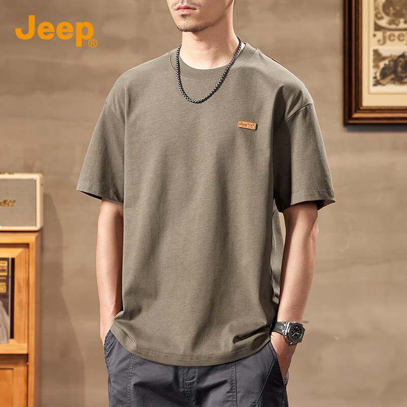 吉普（JEEP）纯色简约T恤男2025夏季纯棉舒适上衣宽松休闲圆领套头百搭短袖男