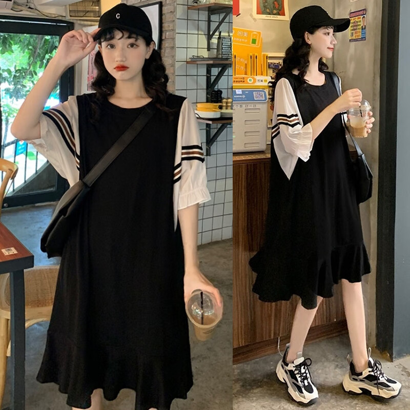 蘇韻雅夏季大碼女裝胖mm顯瘦遮肚蝙蝠袖拼接T恤連衣裙假兩件寬松魚尾裙 黑色 4XL