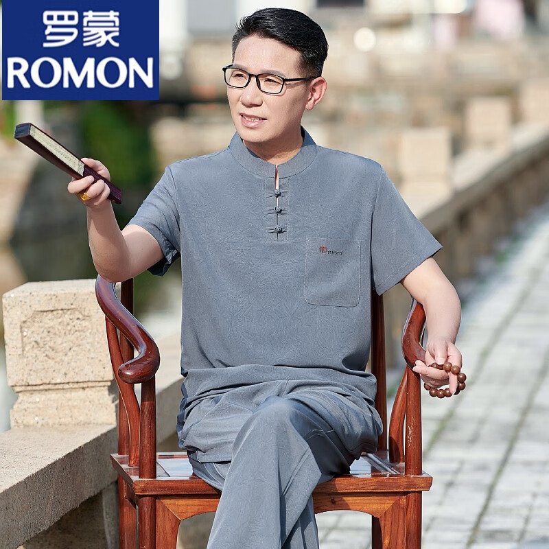 羅蒙（ROMON）唐裝男中老年夏季短袖套裝爸爸夏裝兩件套爺爺休閑衣服60歲70老人 深灰色短袖套裝【上衣＋長褲】 XL 180 建議體重130-150斤