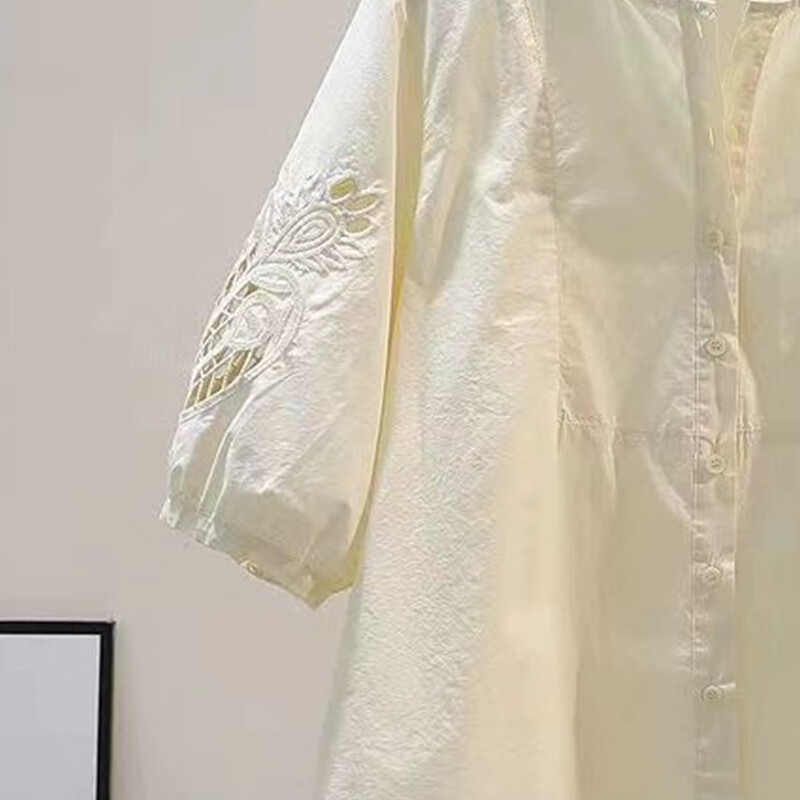 子牧棉麻2025春夏装 女文艺百搭中袖衬衣镂空刺绣衬衫宽松气质上衣6068 浅黄色 M (建议90-115斤)