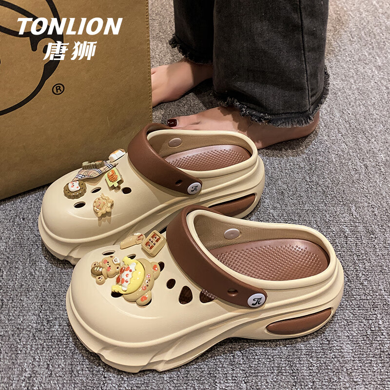 唐狮（TonLion）洞洞鞋女款夏季2025外穿沙滩凉鞋女士增高厚底凉拖鞋 卡其  37-38