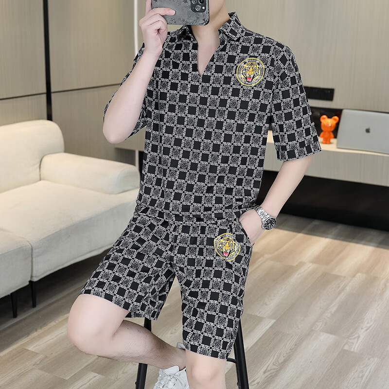洛科驰短袖套装男士夏季冰丝透气薄款V领短裤两件装一套潮牌男装 7702大虎-黑色 M