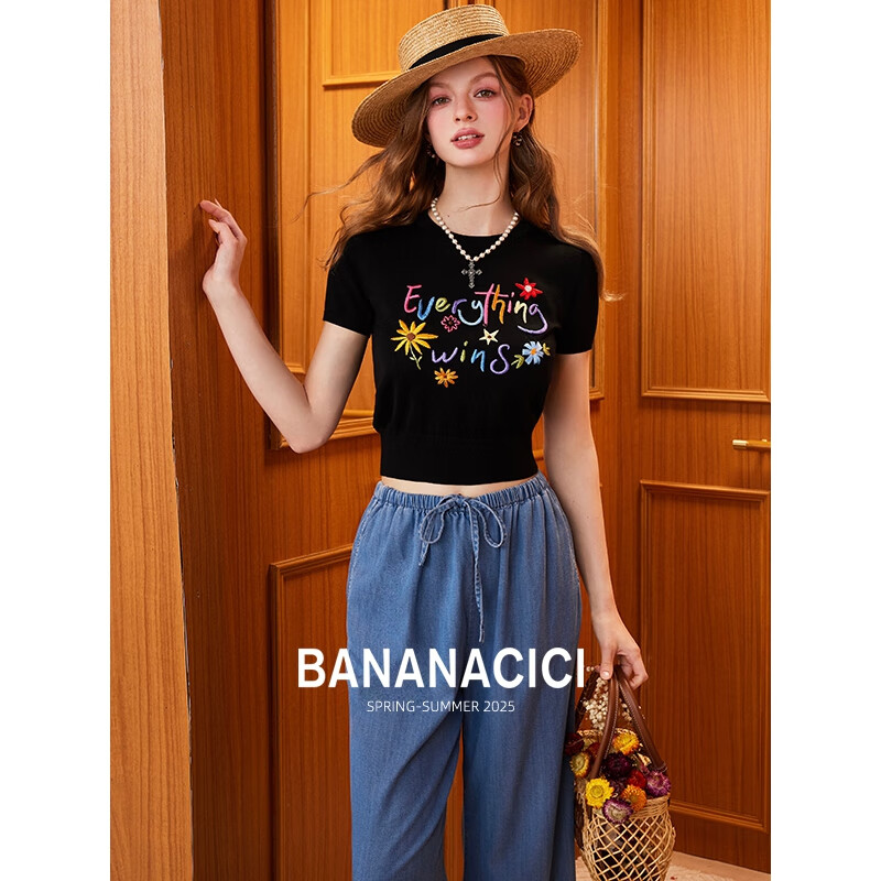 banana cici2025年夏季新款原创胜利花刺绣100%莱赛尔短袖针织衫C252MY624 黑色 XL