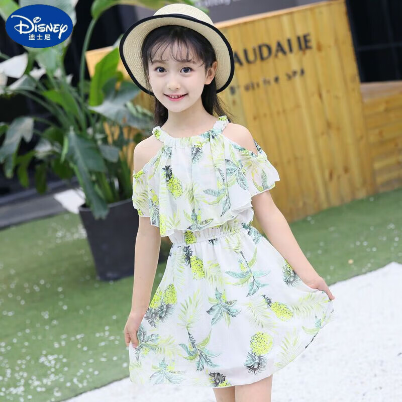 迪士尼（Disney）童裝女童吊帶連衣裙夏裝2025新款韓版小女孩洋氣兒童雪紡公主裙子 雪紡裙 菠蘿 白色 140 建議身高130cm左右