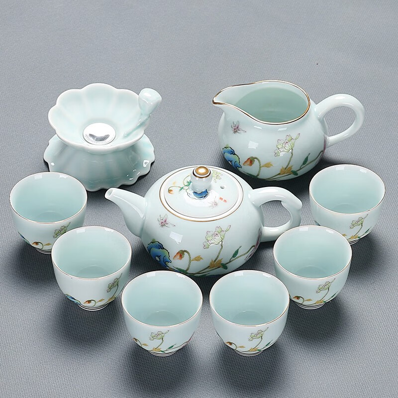 鑫艺缘（XINYIYUAN）功夫盖碗茶壶喝茶杯轻奢瓷套装家用办公整套描金陶瓷茶具2024新款 青白瓷描金君子壶茶具9件套 0ml 0只