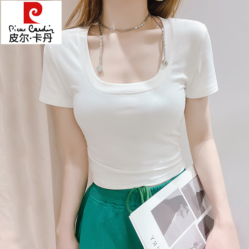 皮爾卡丹（pierre cardin）粉色深大u領(lǐng)口短袖T恤女短款體夏季低胸甜妹緊身修身純欲性感上衣 白色 S