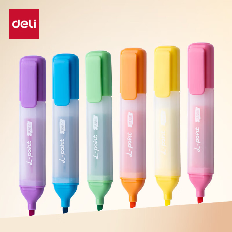 得力（deli）彩色大容量不易晕染荧光笔记号笔马克笔 学生考试复习办公手账笔记涂鸦 6支/盒 SK628