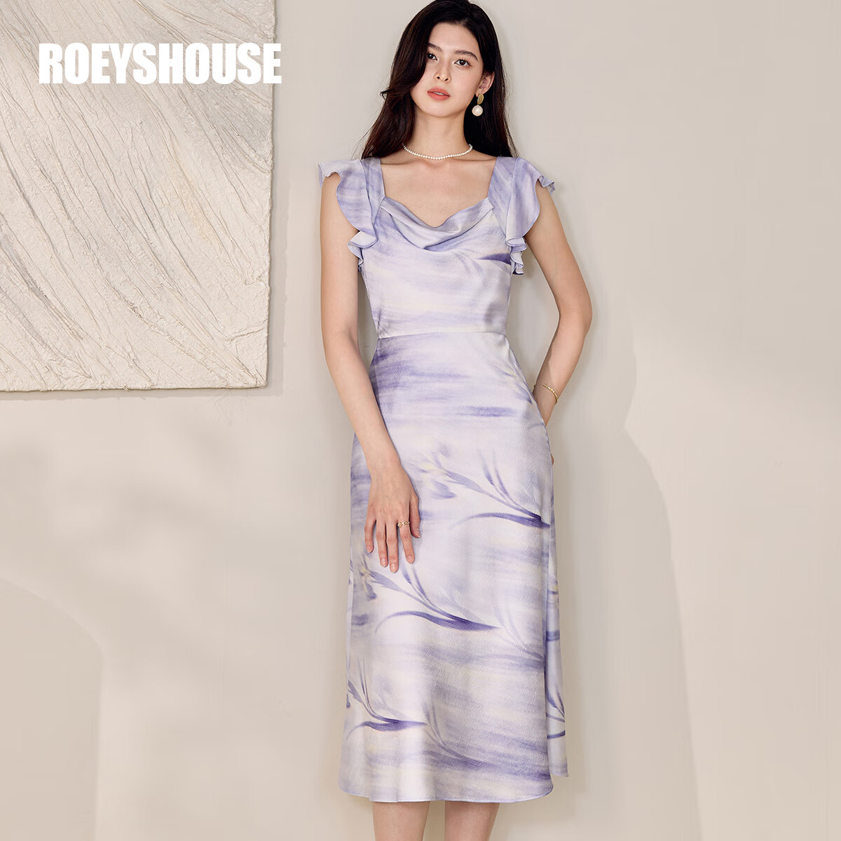 ROEYSHOUSE罗衣气质荡领修身连衣裙女2025夏季新款法式花色缎面中长裙12145 花色 XL