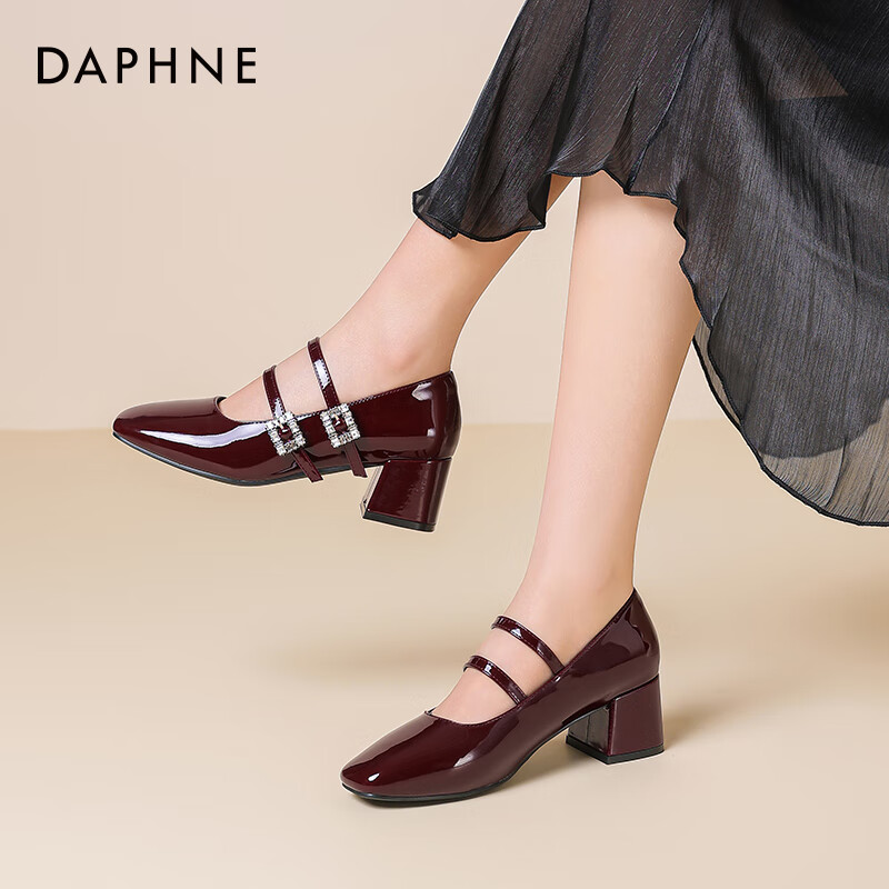 达芙妮玛丽珍女鞋2026春季新款粗跟方头高跟鞋女复古浅口皮鞋单鞋女JD 酒红色【4.5cm粗跟】 37