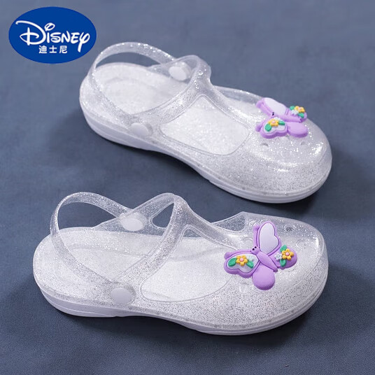 迪士尼（DISNEY）女童凉鞋夏季包头水晶果冻鞋公主塑料拖鞋外穿沙滩儿童洞洞鞋女孩 花朵银色 31 适合30-31码脚穿