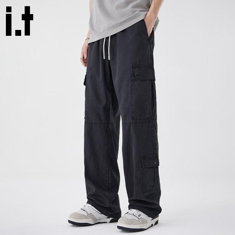:CHOCOOLATE it多口袋工装裤男夏季薄款宽松直筒裤子显瘦显高休闲长裤男 黑色 【官方正品】 L 【建议120斤-140斤】