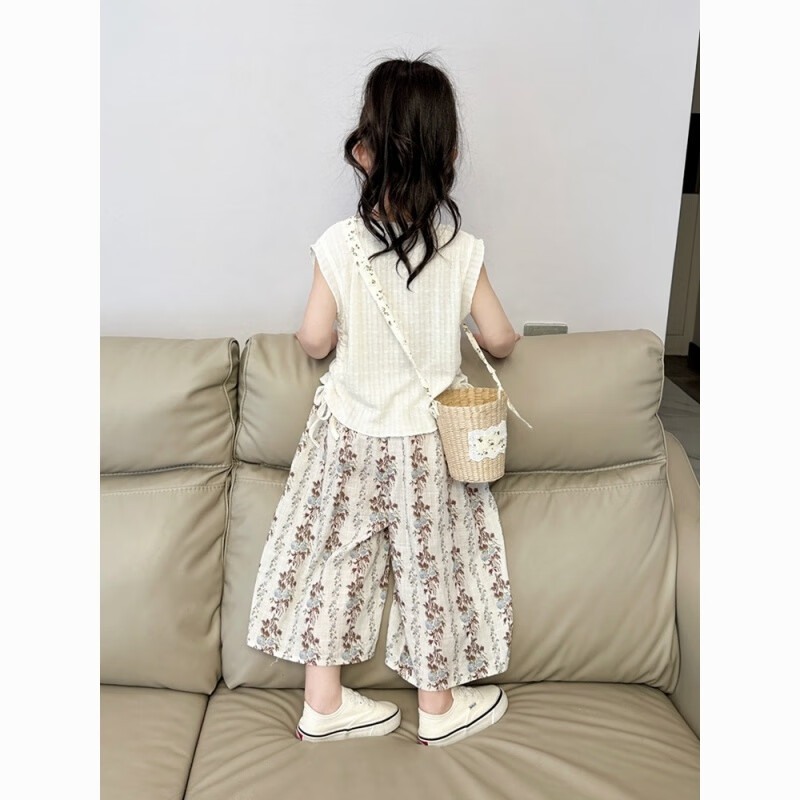 G.duck女童夏季套装2026新款小女孩无袖T恤上衣夏装碎花直筒休闲裤套装 米白色抽绳背心+碎花阔腿裤 100 码（身高80-90cm）