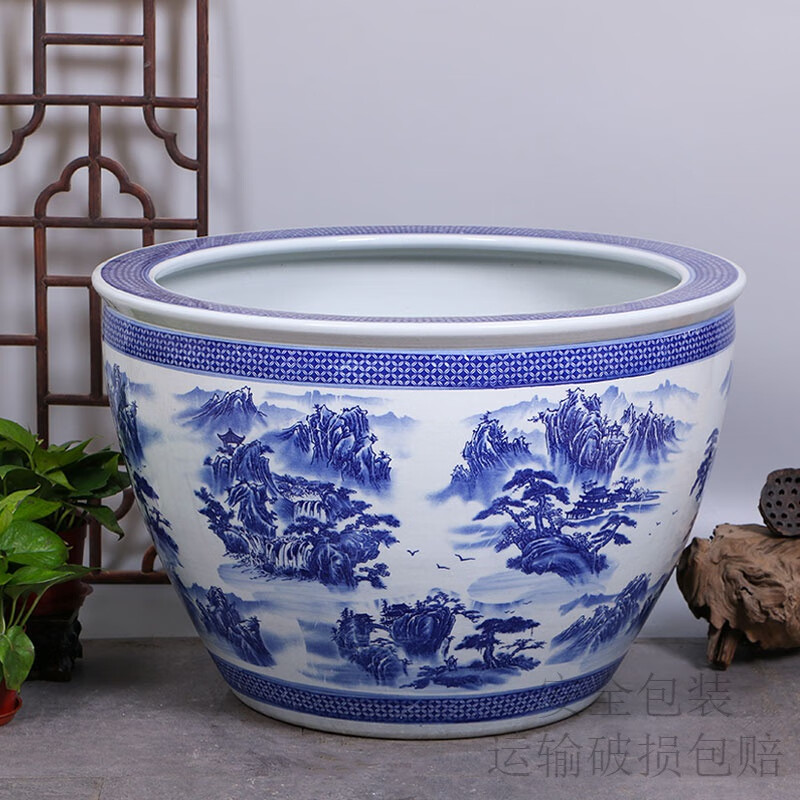 希格鲨陶瓷青花鱼缸金鱼荷花碗莲乌龟缸水缸庭院种发财树特大号盆造盆景 盛世龙腾 41x41x25cm