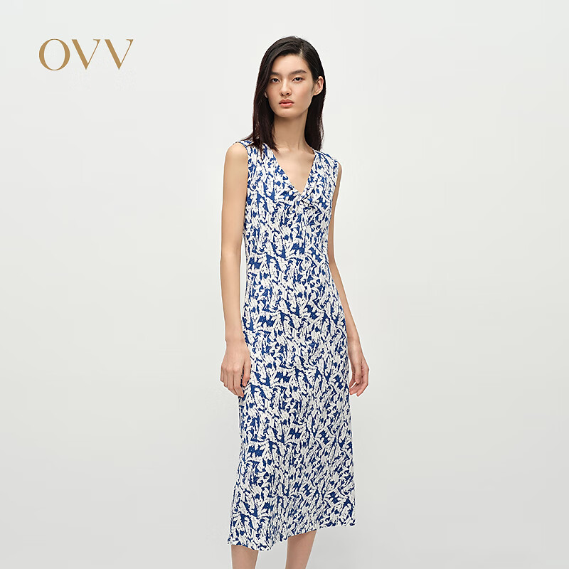 OVV2025春夏新款女装清爽印花扭结设计V领两件套连衣裙 深蓝花纹 M