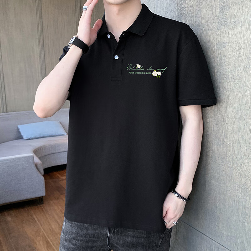 洛科驰短袖t恤男士夏季薄款冰丝速干翻领T恤潮牌休闲男装上衣服 2181黑色 M