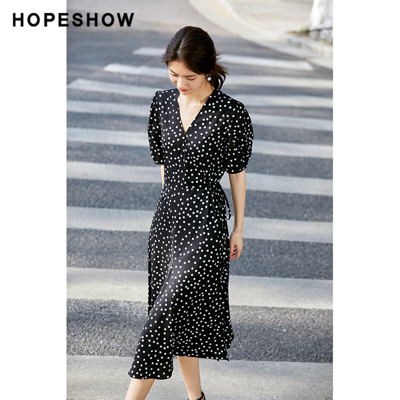 紅袖韓系連衣裙夏新款女波點(diǎn)V領(lǐng)垂感雪紡法式仙女裙茶歇裙長(zhǎng)裙 黑底白點(diǎn)801 S